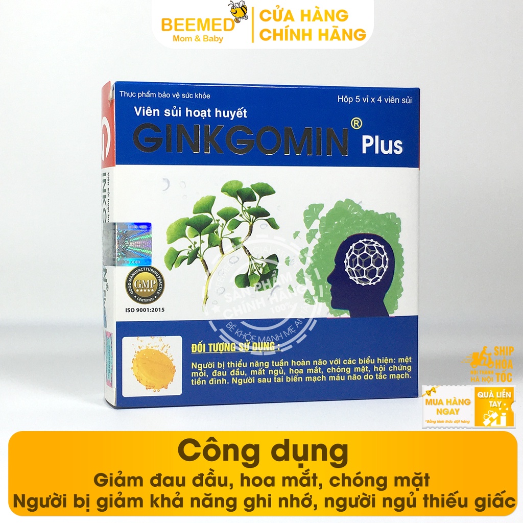 Hoạt huyết Ginkgomin plus Dạng sủi - tăng tuần hoàn não, giảm đau đầu từ Ginkgo Biloba, giảo cổ lam và maige