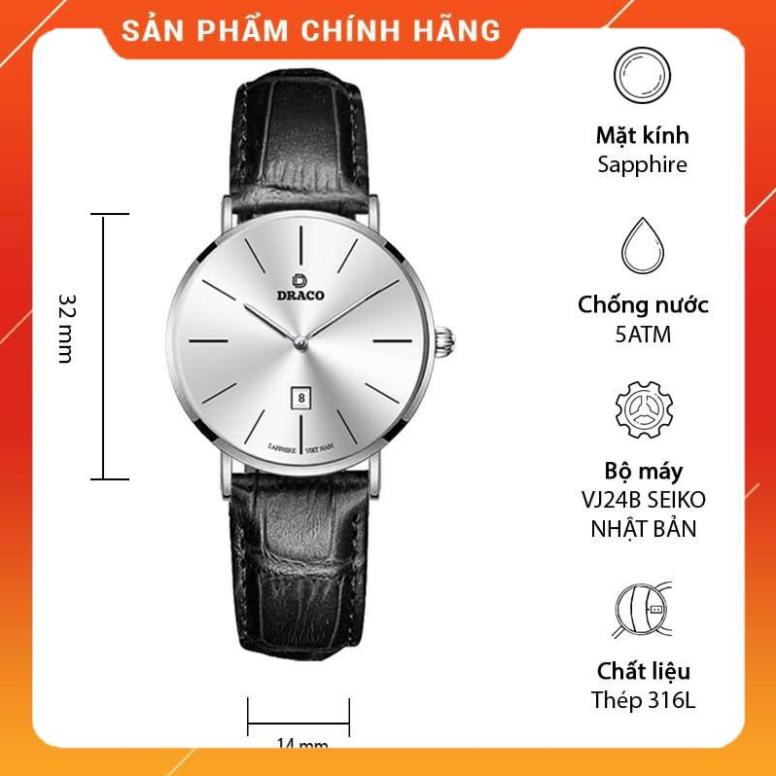 Đồng hồ nữ Draco D22-STN02 "Classic Girl" trắng kết hợp chất liệu dây dây da bò màu đen-phụ kiện thời trang nữ nhẹ nhàng