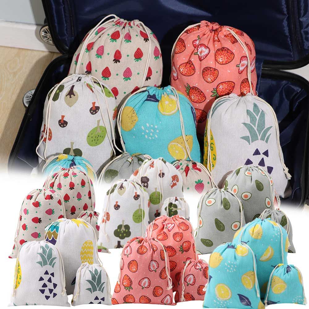 Túi dây rút bằng vải lanh cotton chống bụi in họa tiết trái cây dùng đựng đồ trang điểm