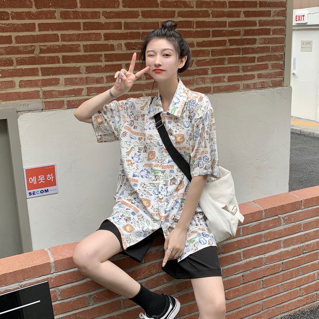Áo sơ mi tay lỡ form rộng Hình Vẽ Ngộ Nghĩnh kiểu dáng unisex nam nữ chất nhẹ mát basic oversize