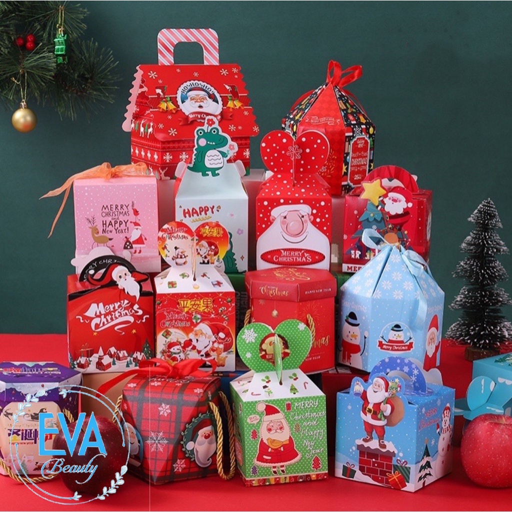 Combo 5 Hộp Quà Noel Dùng Đựng Quà Giáng Sinh Hình Ngôi Nhà Có Quai Xách Nhiều Mẫu M3528