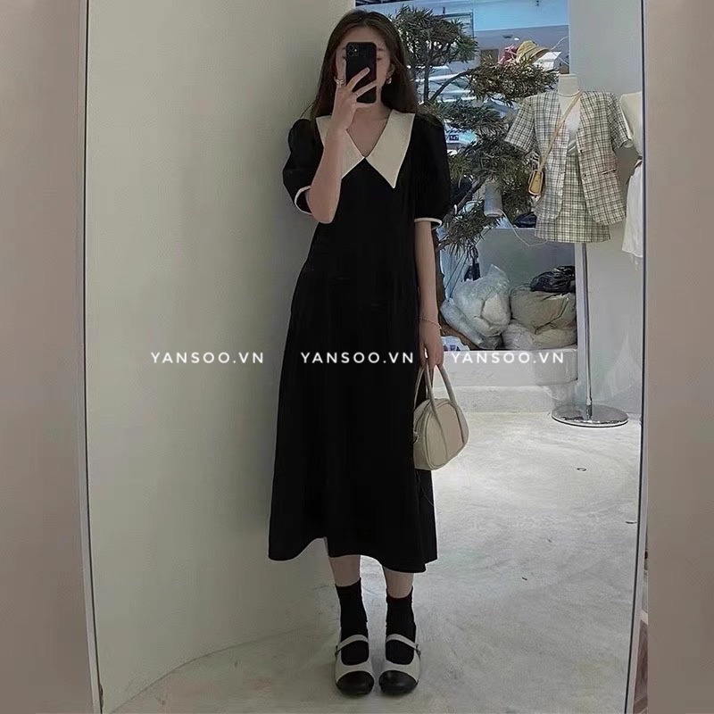 Váy thô cổ sen dáng dài tay ngắn chất thô mềm phong cách Hàn Quốc by YANSOO
