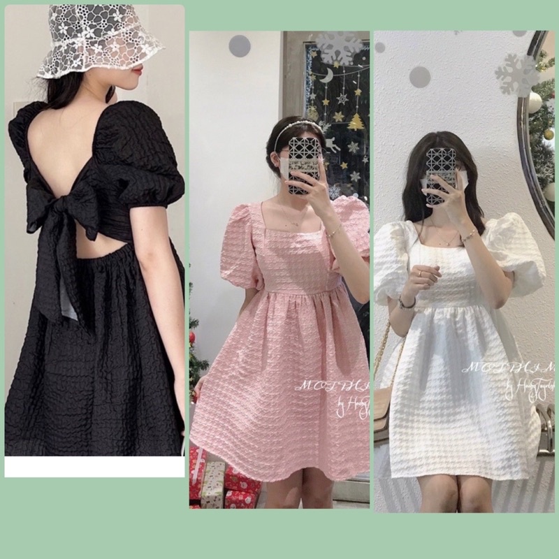 ĐẦM BABYDOLL GẤM XỐP CỔ VUÔNG THẮT NƠ LƯNG - CÓ MÚT NGỰC VÁY TIỂU THƯ VÁY XINH VÁY TẾT TAOBAO