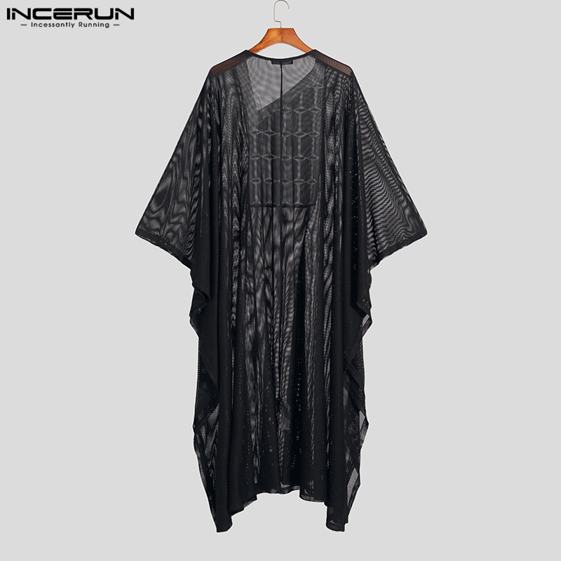 INCERUN Áo Choàng Kaftan Dài Dáng Rộng Tay Ngắn Trong Suốt Cho Nam Giới