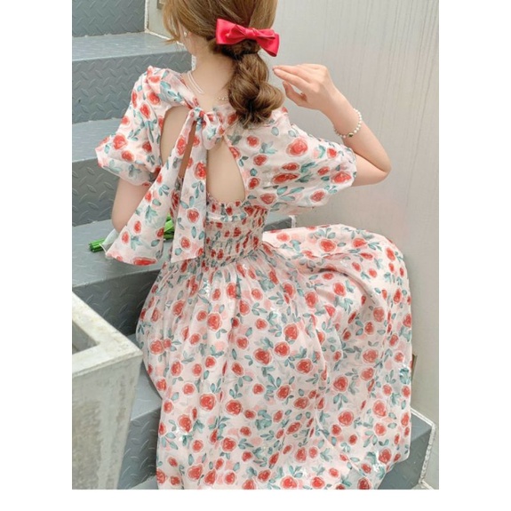 SUSTORE0505 đầm Ulzang nơ lưng voan hoa kiểu Hàn quốc