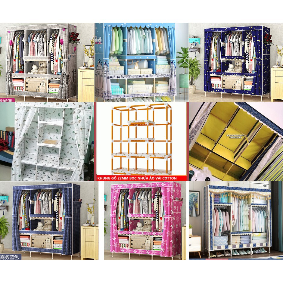 Tủ Vải Khung gỗ bọc nhựa, Tủ đựng quần áo vải 4 buồng 8 ngăn cao cấp Bảo Hành 12 Tháng 1 đổi 1 trong 30 ngày
