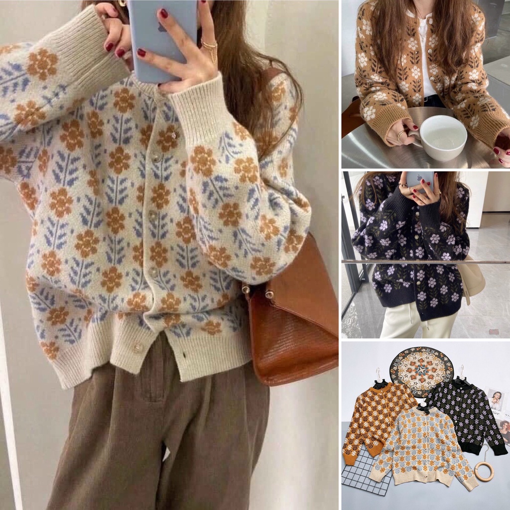 Áo khoác cardigan len hoa vintage hàng QC