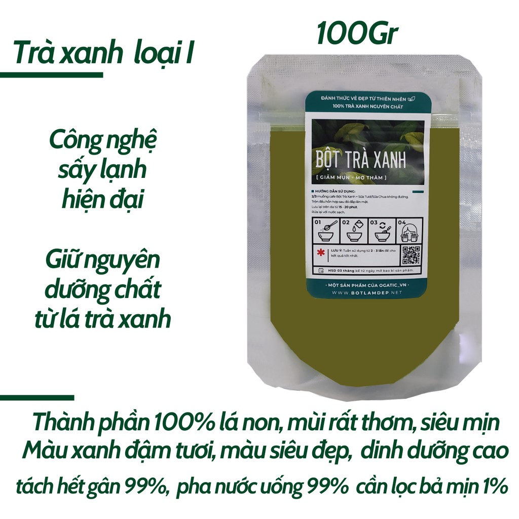 100GR bột trà xanh đắp mặt nguyên chất Organic - mỹ phẩm Handmade - B002.005