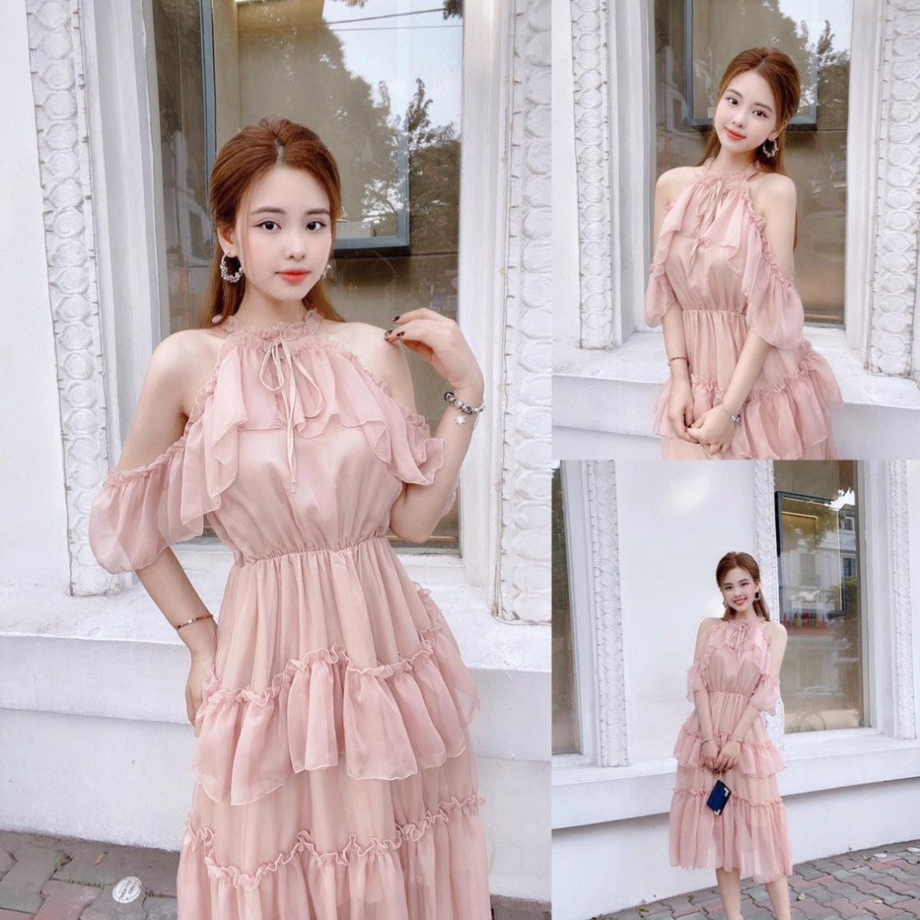 [Có Ảnh Thật] Váy cổ yếm màu hồng nhạt cao cấp V1850