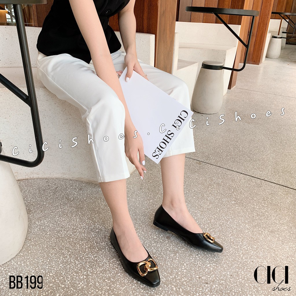 Giày búp bê nữ CiCi Shoes, giầy da lì mũi vuông khoá kim loại vàng xoắn - BB199