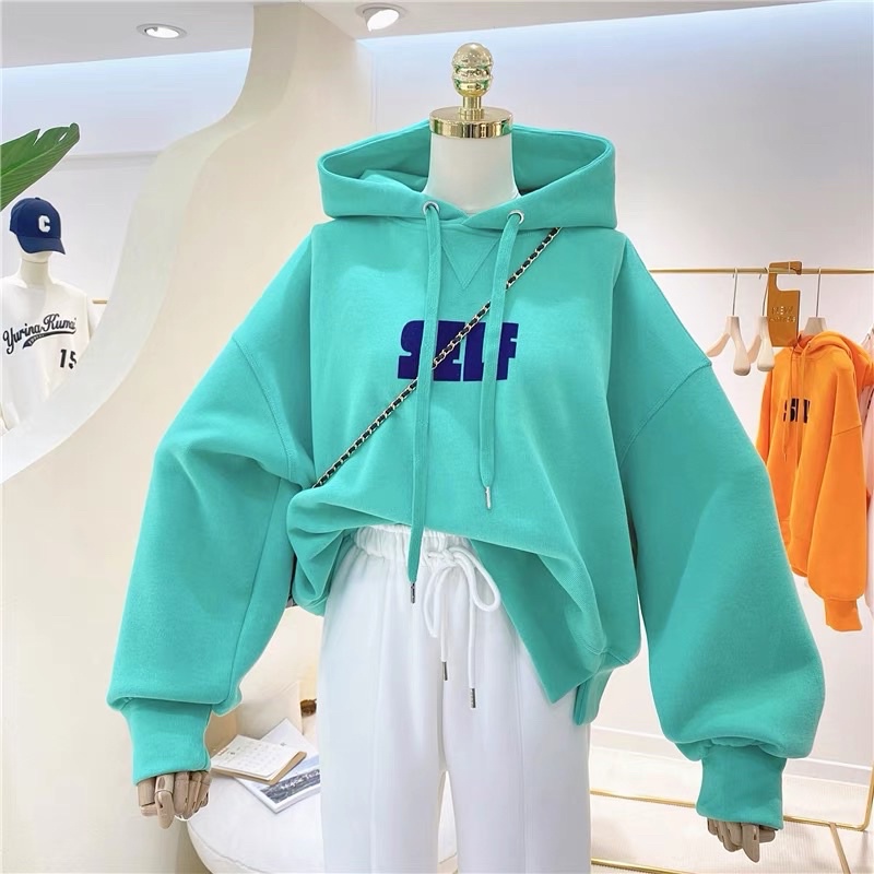 Áo hoodie vải nỉ lót bông dày dặn in Self unisex form rộng