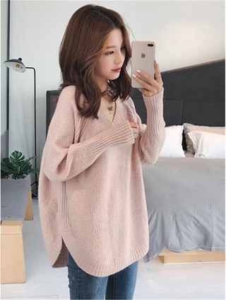 Fashion Lazy Style Loose Knit Pullover Top Women All-match Long Sleeved V-neck Sweater