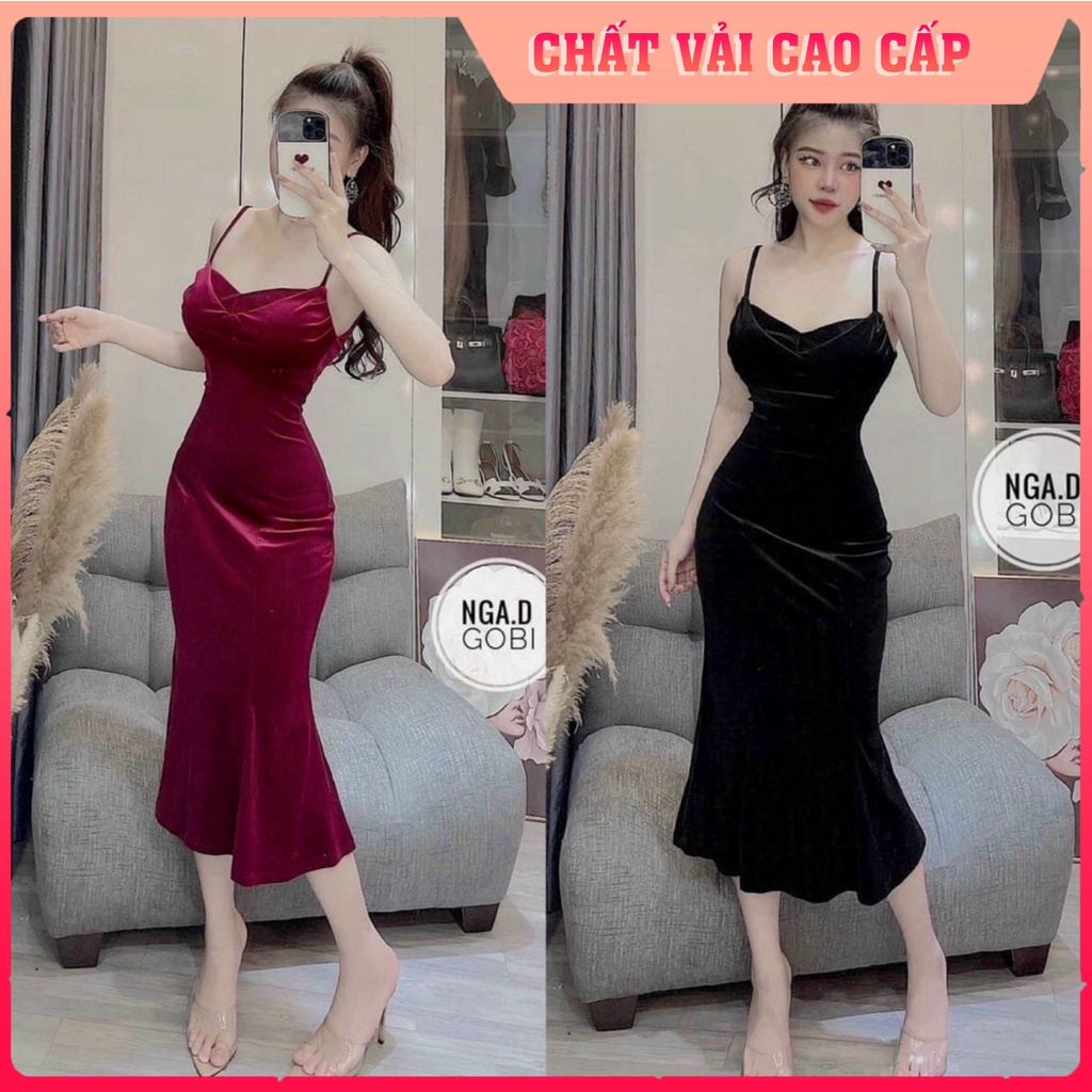 Đầm váy tuyết nhung hai dây ôm body đuôi cá sắc màu xa hoa (Đen, Đỏ) phù hợp cho nàng dạ hội, dự tiệc | Xưởng may xuất k