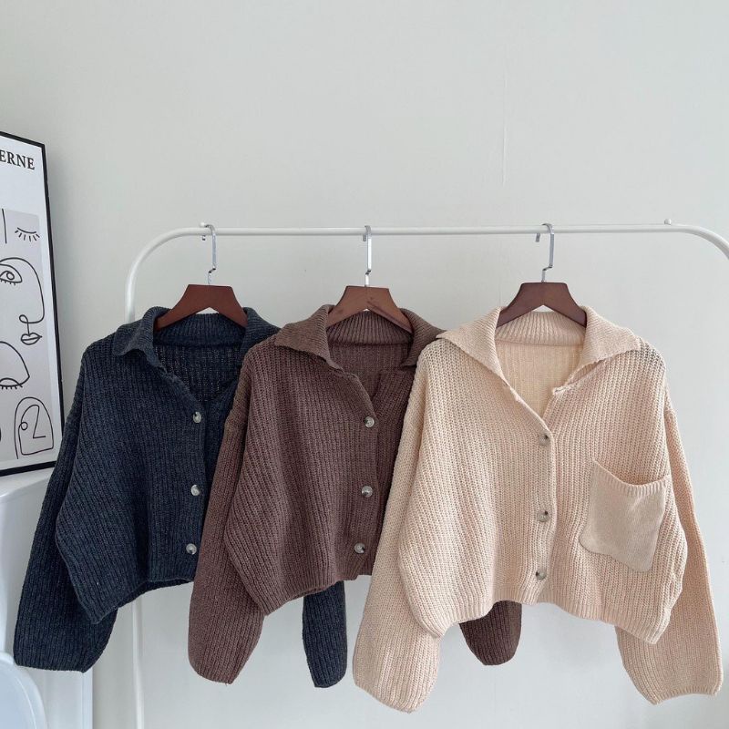 Áo len croptop dài tay, túi hộp cổ bẻ dày ấm.Áo khoác trơn thu đông nữ giá rẻ màu Xám đen-Be-Nâu