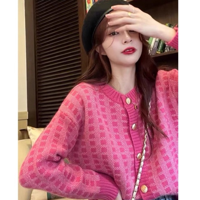 Áo khoác cardigan dệt kim mẫu ngắn dịu dàng, áo len mềm mại caro màu hồng phong cách Hàn Quốc
