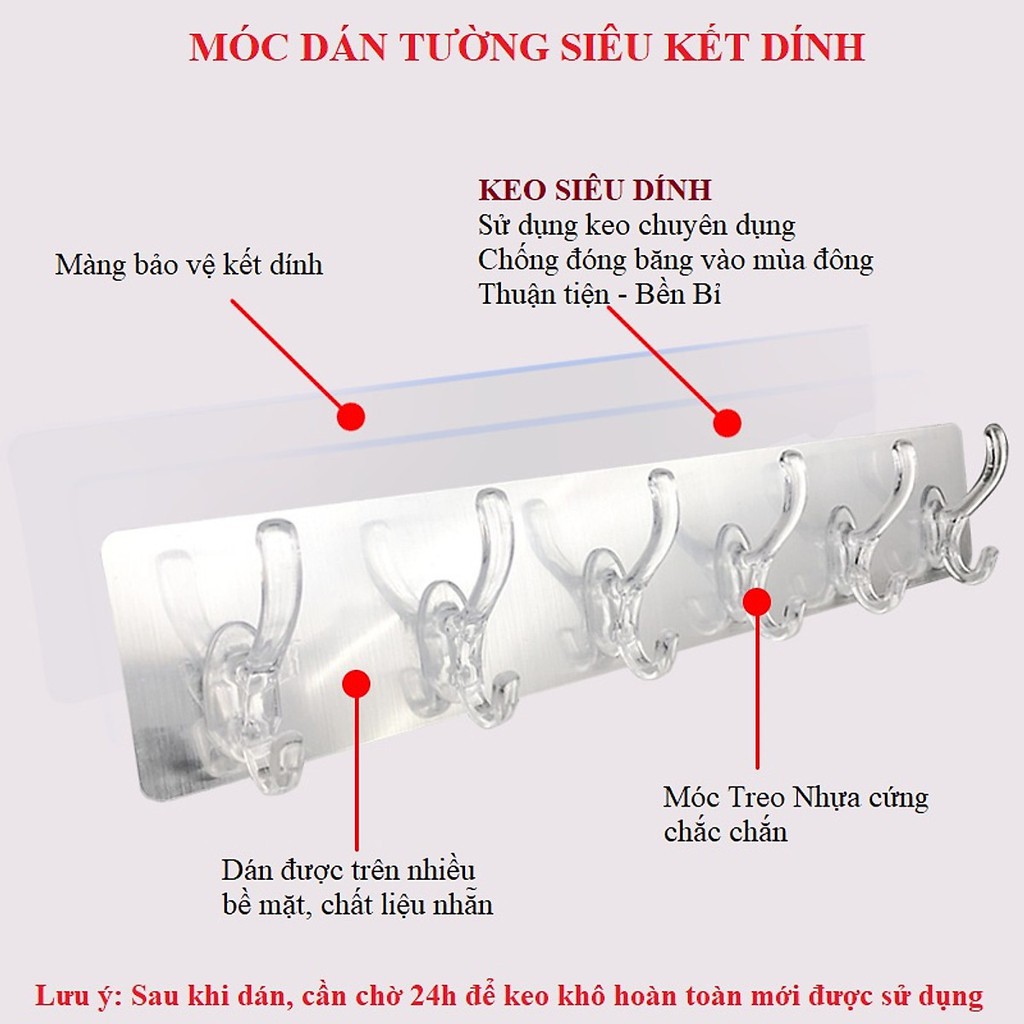 Thanh 6 móc 4d treo đồ dán tường bản lớn siêu chịu lực [ Hàng loại 1]