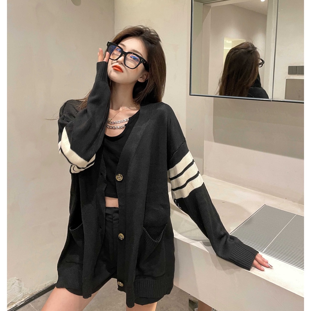 Porozi  Áo Khoác Cardigan Dệt Kim Cổ Chữ V Họa Tiết Kẻ Sọc Phong Cách Hàn Quốc Cho Nữ
