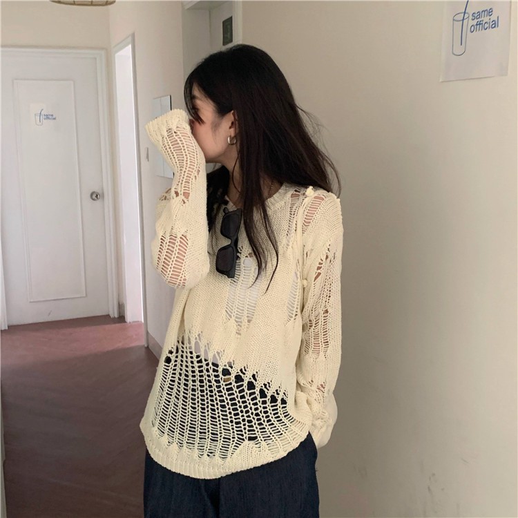 (HÀNG SẴN ) Áo len lưới đan móc rách hở mặc ngoài style cá tính retro Hàn Quốc