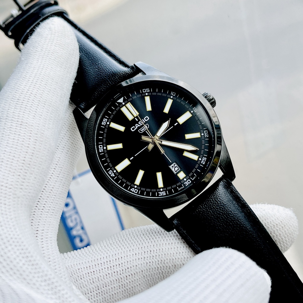 Đồng hồ nam dây da thời trang Casio MTP VD02BL-1E mặt đen - Size 41 Kim dạ quang Bảo hành 1 năm Hyma watch