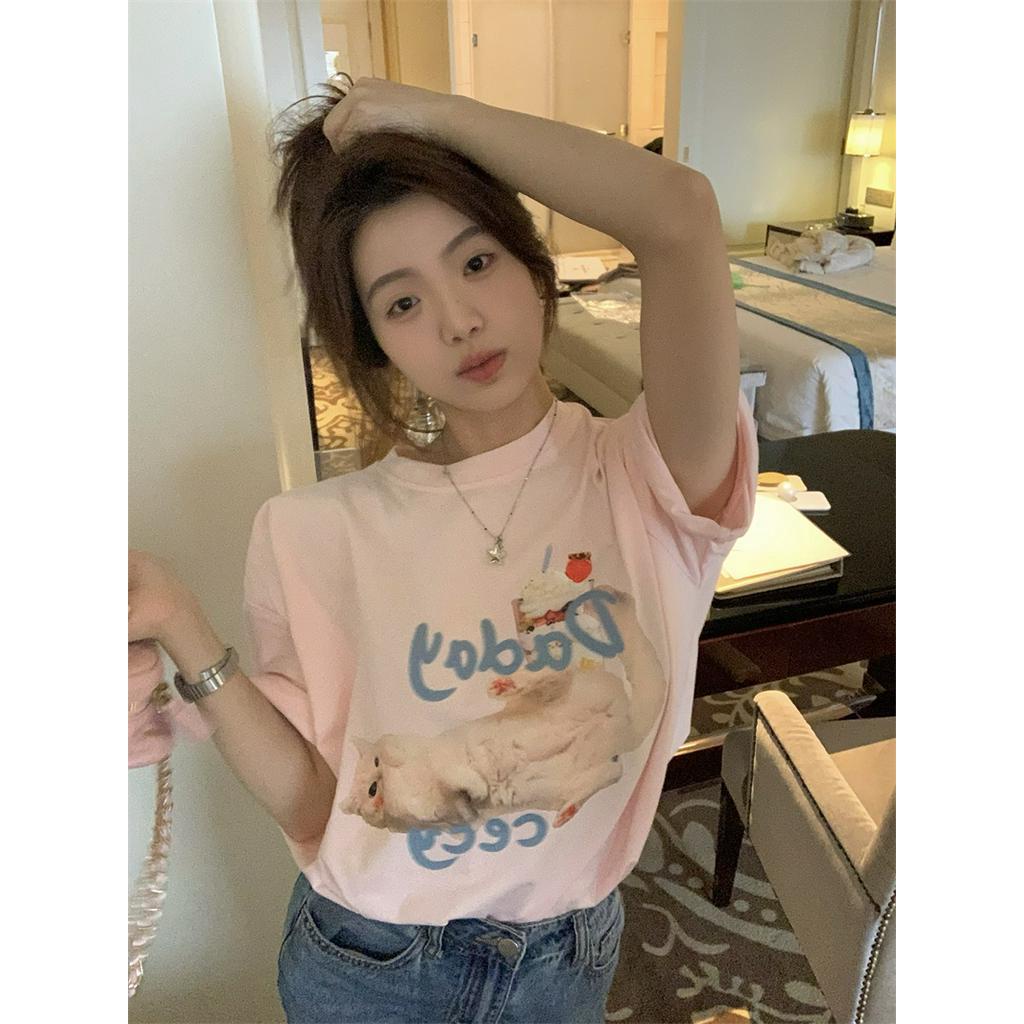 Áo Thun Cotton Tay Ngắn In Hình Mèo Dễ Thương Phong Cách Thời Trang Mới 61461
