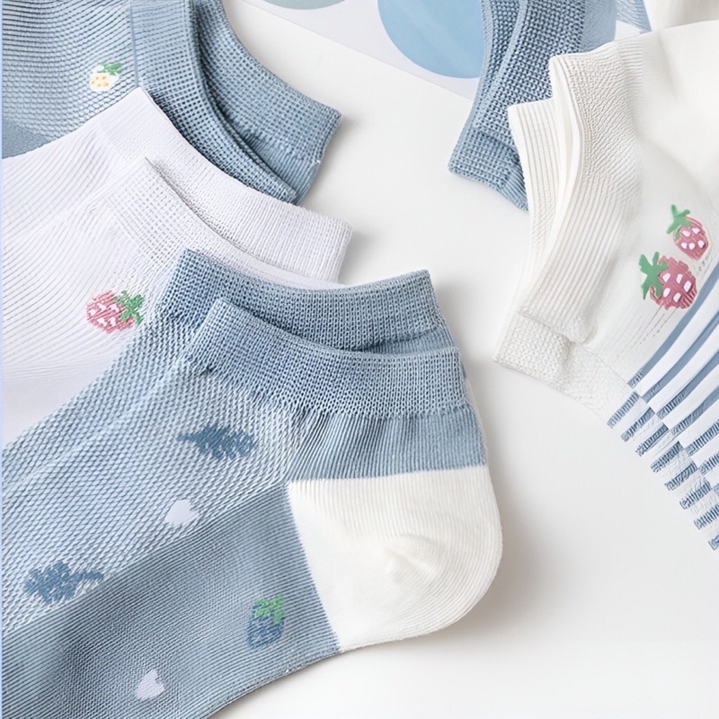 Set 5 đôi tất dâu xanh nữ,  vớ trắng xanh cotton thấm hút tốt