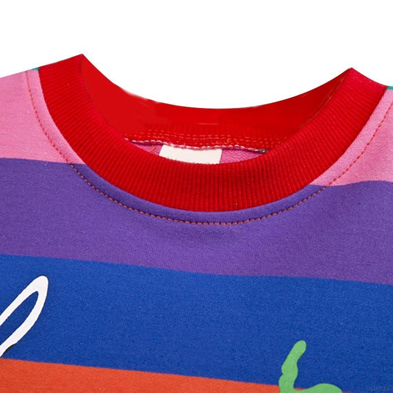 Set áo thun cổ tròn dài tay in hình cầu vồng + quần ngắn cho bé gái