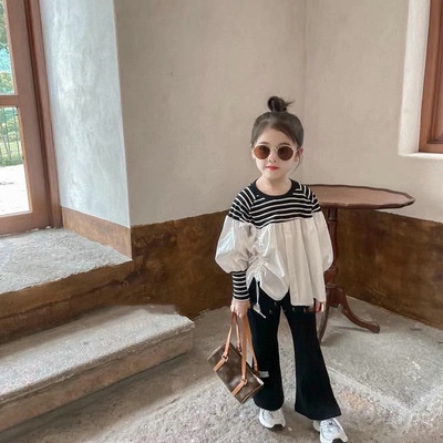 Bộ bán lẻ áo kẻ sọc và quần ống loe thời trang cho bé gái 3-8 tuổi