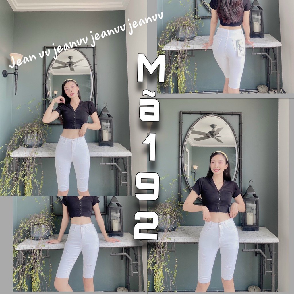 Quần jean lửng gối nữ màu trắng hàng co giãn mẫu trơn và rách