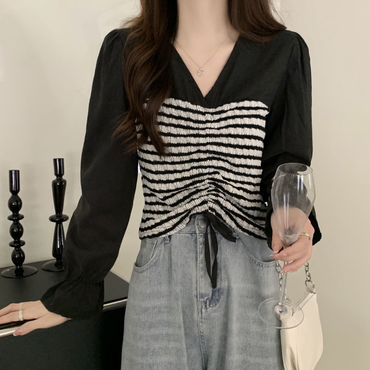 Áo Kiểu Tay Dài Cổ Chữ v Kẻ Sọc Phối Dây Rút Xếp Ly Thời Trang Mùa Thu