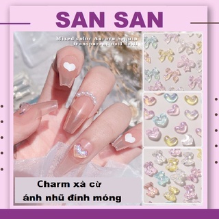 Set 10 charm nơ, gấu, tim, tim đào xà cừ ánh nhũ mix màu đính móng