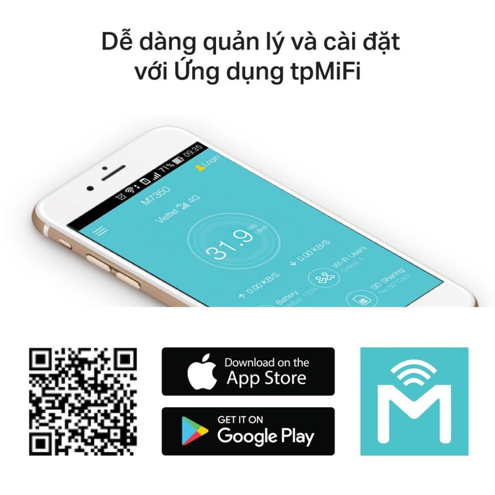 Bộ phát Wifi di động TP-Link M7350 Dùng sim 3G/4G, Tốc độ mạng LTE 150Mbps, Pin 2000Mah, 10 người kết nối cùng lúc