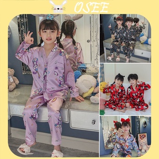 Bộ Đồ Ngủ Tay Dài Bằng Lụa satin Dành Cho Bé Trai Gái Trung Niên 3-15 Tuổi