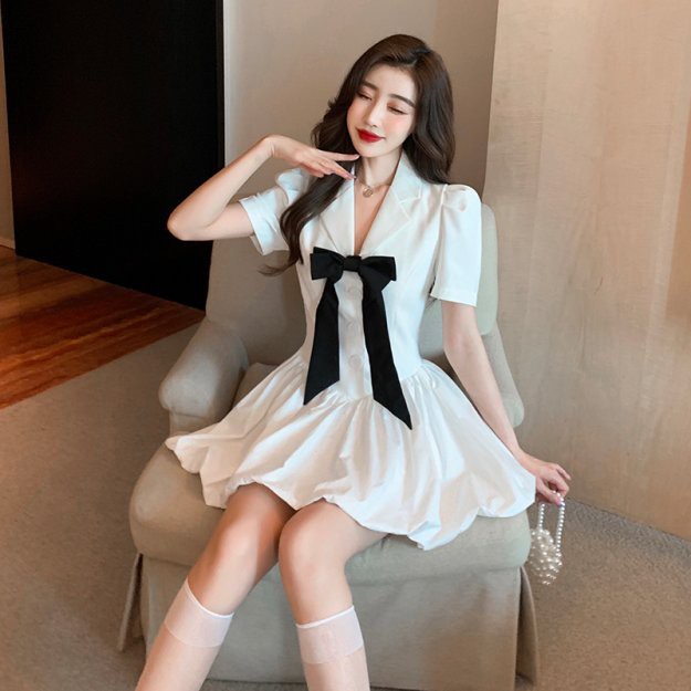 Đầm Xòe Cổ Sơ Mi Nơ Ngực LSEOUL V1085 Ngọt Ngào Nữ Tính