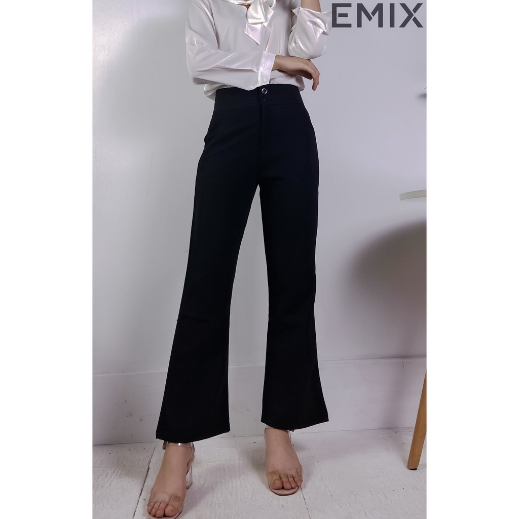 Quần tây nữ công sở ống loe 2 cúc EMIX (màu đen), cạp cao 7cm, dáng dài 96cm, khóa trước, chất tuyết mưa mềm mát 501