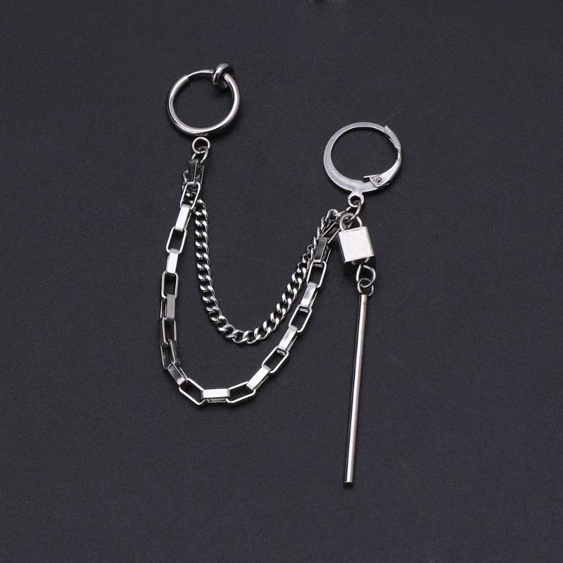 HAP  1Pc KPOP Boys Double Tassel Stainless Steel Chain Drop Earrings Korean Jewelry