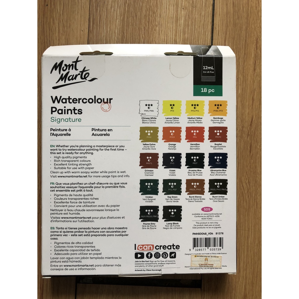 Bộ màu nước Mont Marte 12/18/24 màu 12ml/tuýp/Set of Watercolor Mont Marte 12/18/24 colors 12ml/tube