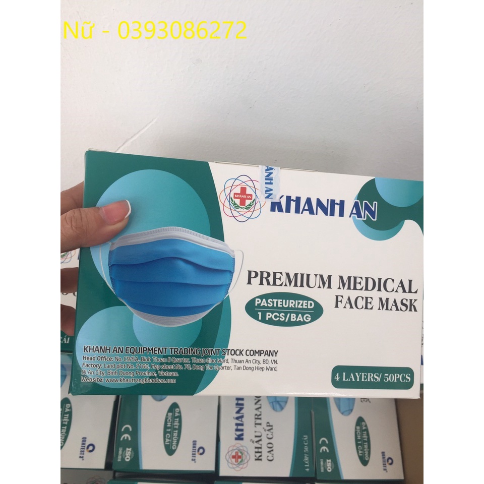 Khẩu trang y tế tiệt trùng từng cái Khánh An hộp 50 chiếc màu xanh - hàng sẵn - chính hãng