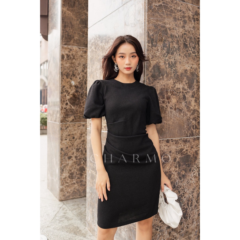 Đầm thiết kế cổ tròn CHARMO nhúng eo tay phồng vải cotton bố Basic Drawstring Dress