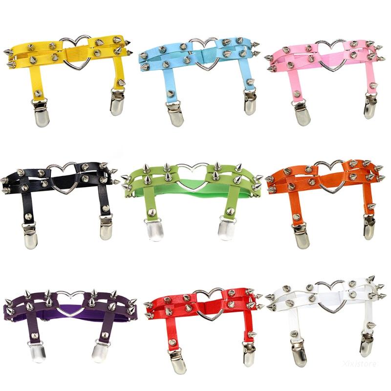 Kẹp tất dạng đai bằng da nhân tạo phối đinh tán hình trái tim kiểu gothic punk có thể điều chỉnh chống trượt cho nữ