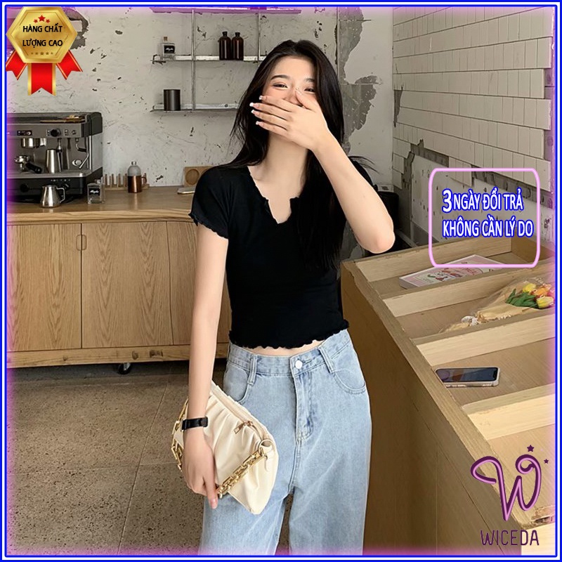 Áo croptop tay ngắn xinh ôm body , áo thun kiểu cộc tay nữ chất cotton mềm mịn 2 màu đen trắng Wiceda CT254