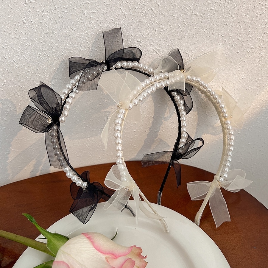 Korean Mesh Bow Beaded Headband Girls Sweet Crystal Hair Band Hair Accessories