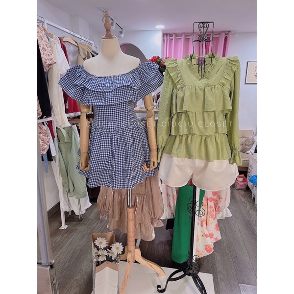 Jumsuit Caro Trễ Vai Bèo Xanh Chất Kate Mềm [ SẴN]