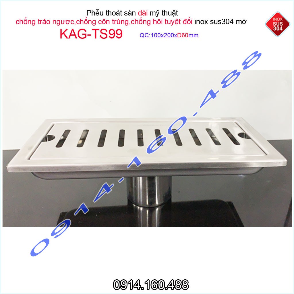 Phễu thoát sàn 10x20 cm KAG-TS99 (D60), thoát sàn nhà tắm chữ nhật SUS304 inox dập khuôn sáng bóng cao cấp