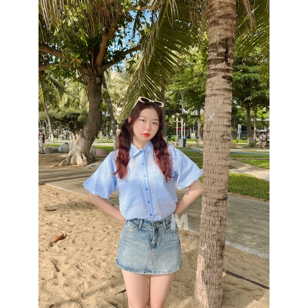 Áo Sơ Mi Tay Bồng Form Croptop Chất Liệu Xốp Hoạ Tiết Caro Dễ Thương Đi Học Minipie