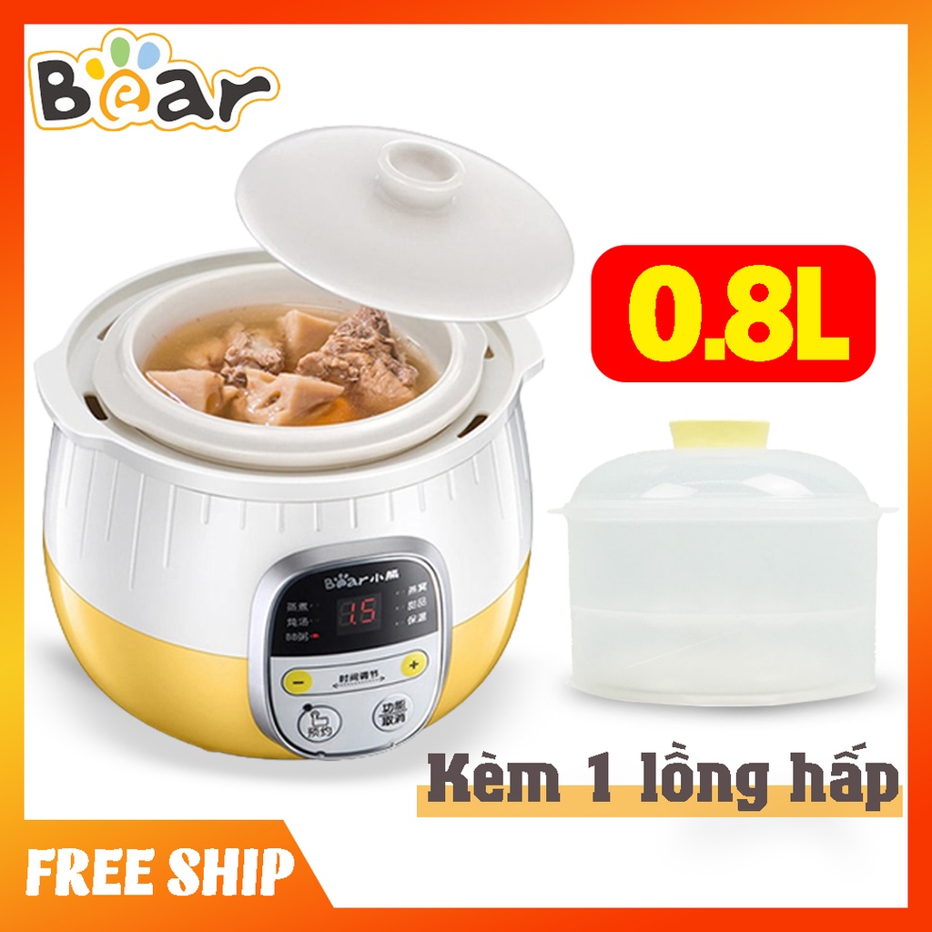 Nồi nấu cách thuỷ Bear SUBE001 nấu cháo chậm, cho bé ăn dặm, dung tích 0.8L tặng kèm lồng hấp 1L – HÀNG CHÍNH HÃNG