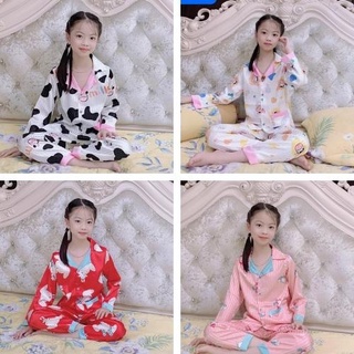 Quần áo trẻ em  ,pijama lụa gấm mềm mát không nhăn , đồ ngủ bò sữa cho bé gái từ( 12 Tháng -10 Tuổi ) Size 16-45kg