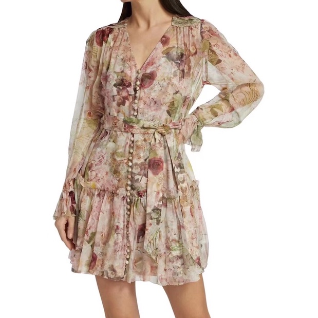 Set đầm lụa hai mảnh phối đai thắt eo cổ chữ V thương hiệu Zimmermann cao cấp hoạ tiết dáng trẻ trung sành điệu