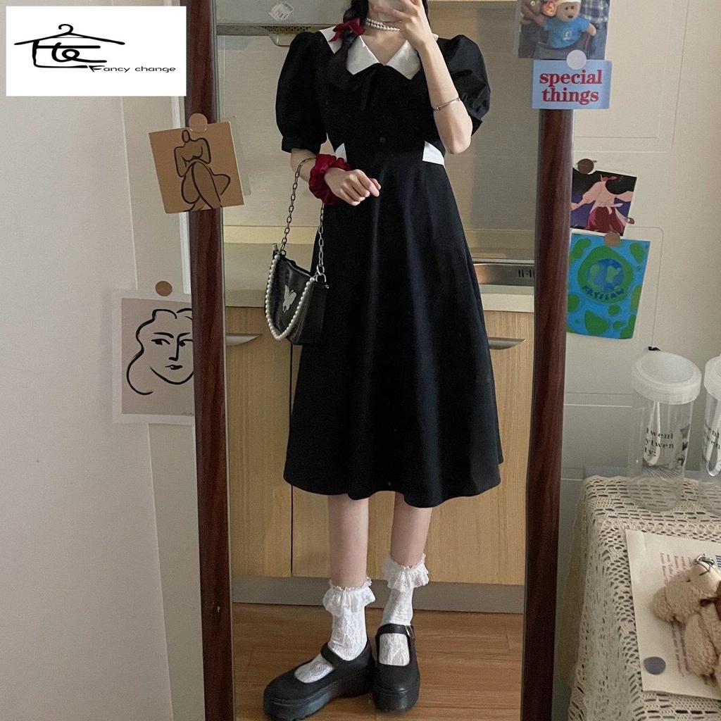 Hàng Có Sẵn Bán Chạy~Đầm Tay Phồng Dài Ôm Eo Màu Đen Kiểu Hàn Quốc Thời Trang Mùa Hè Cho Nữ