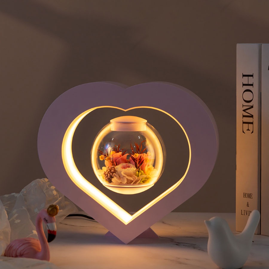 Đèn led trái tim quả cầu hoa hồng xoay vô cực, đèn ngủ cảm ứng xoay 360 độ