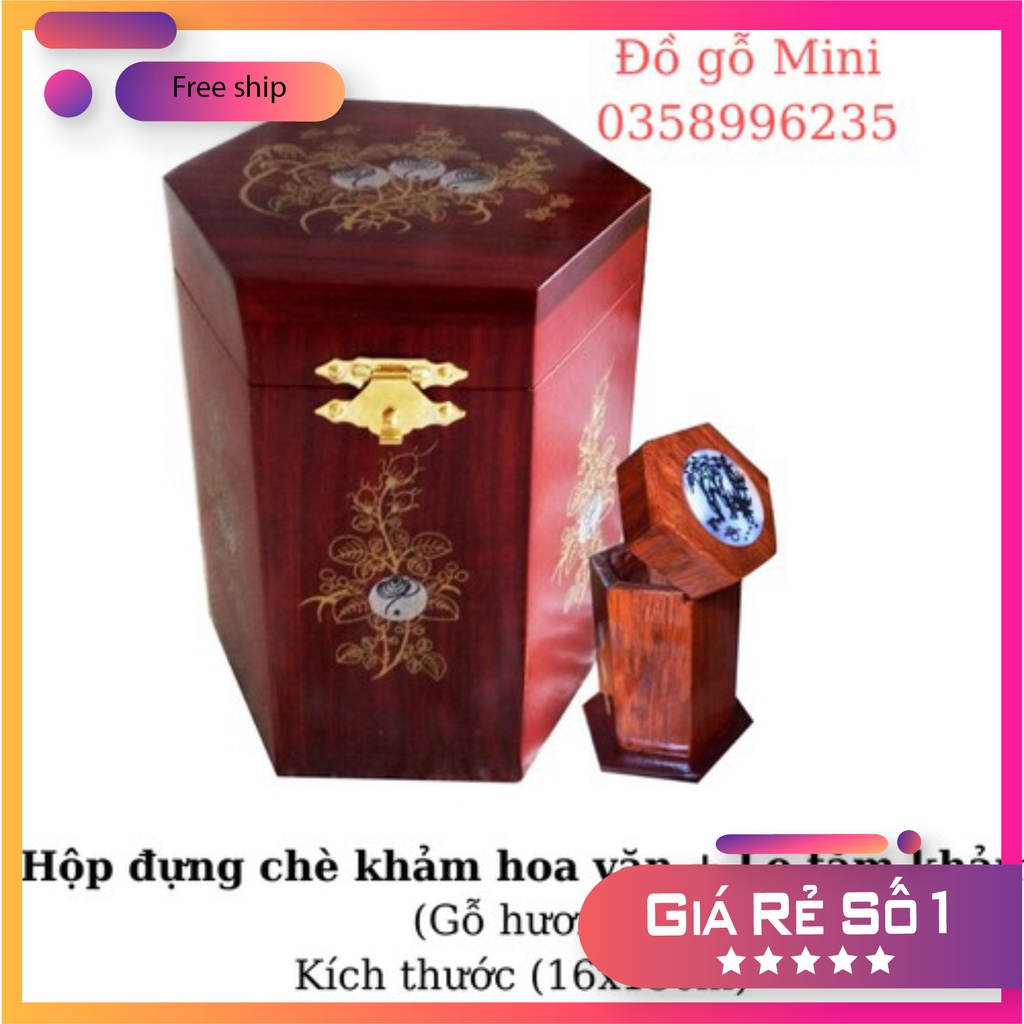 Hộp đựng chè gỗ hương khảm hoa văn độc đáo - Tặng kèm lọ tăm